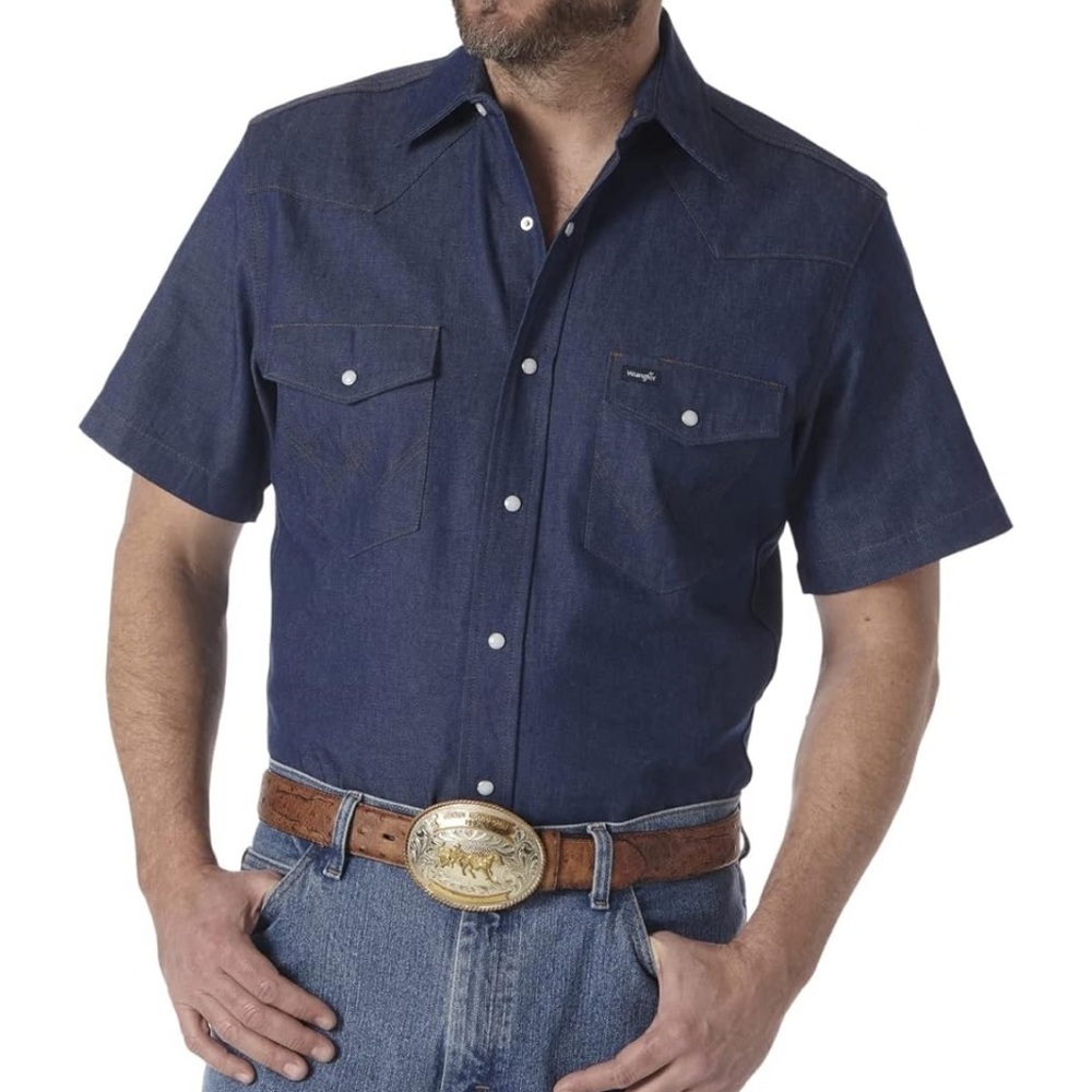Wrangler Mens Short Sleeve Denim Western Cowboy Work Shirt Blue Sz Large